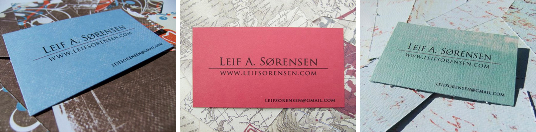 3 Colorful business cards showing graphical design, antique maps, and faded cursive writing