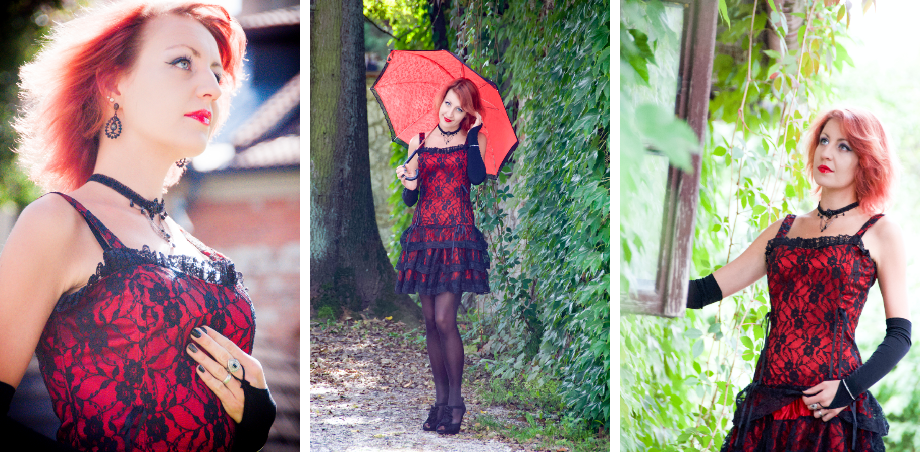 3 Portraits of a young woman in a red dress standing in front of ivy covered castle walls