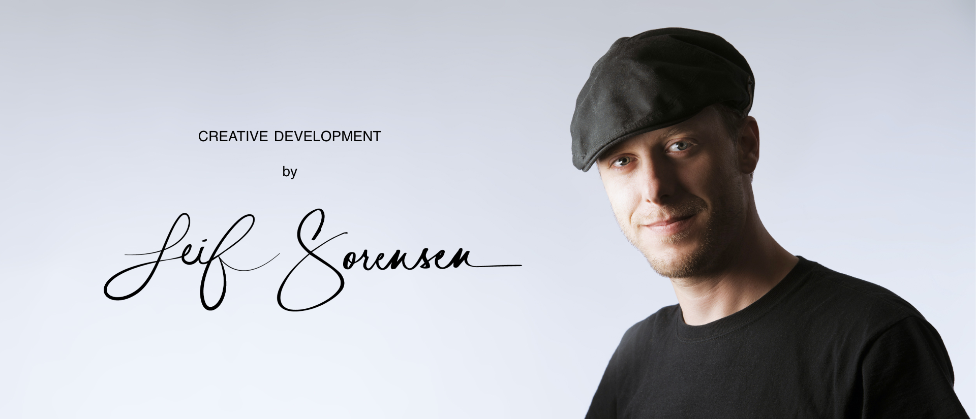 Portrait of Leif A. Sorensen with text creative development by and a signature logo of his name