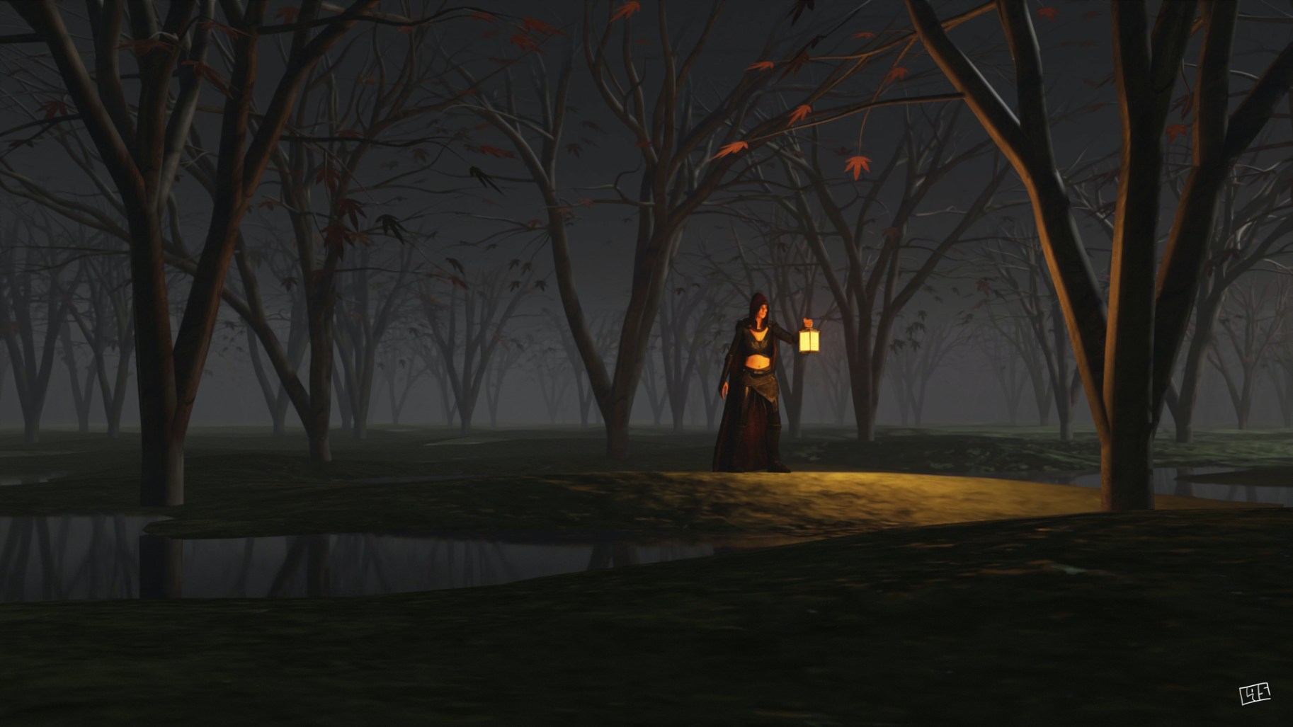 An illustrated scene of a cloaked figure holding an old lamp in a foggy maple grove