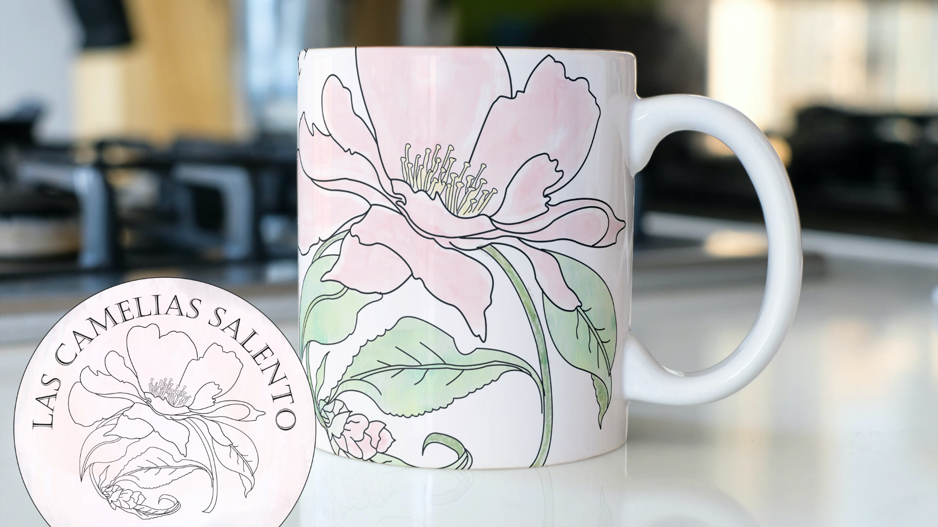 A coffee mug with a color version of Finca Las Camelias logo and line art version label